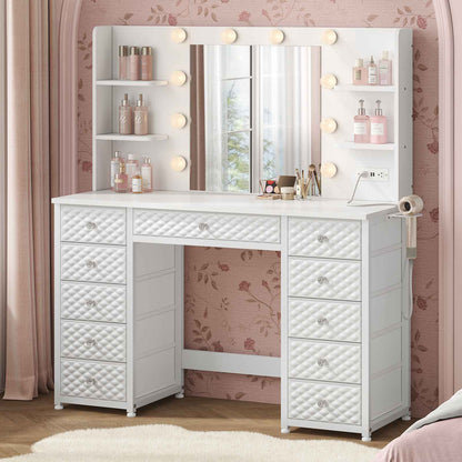 HAUOMS Vanity White HAUOMS 43.3” Vanity with Lights and Mirror 11 Drawer and 6 Open Shelves Makeup Vanity with Power Strip for Bedroom
