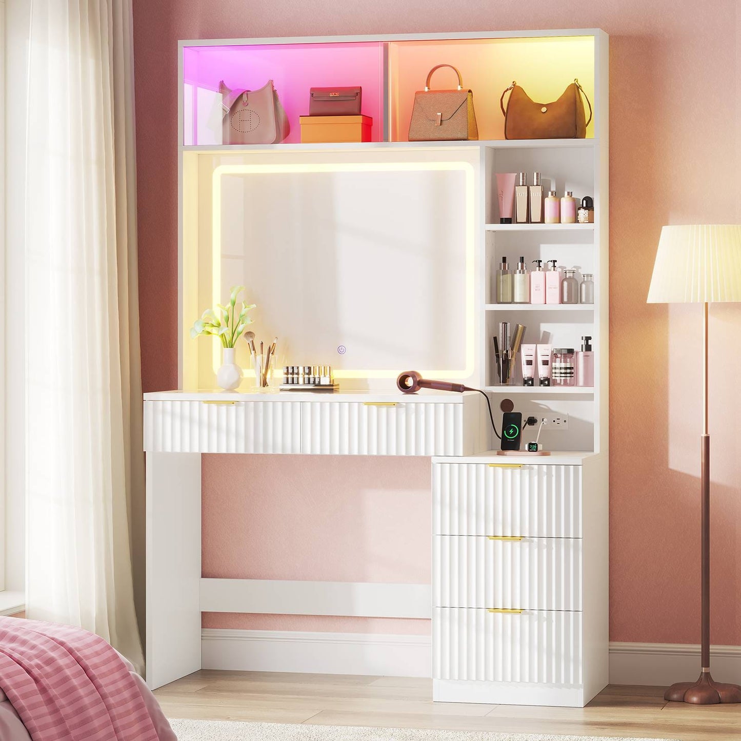 HAUOMS Vanity White HAUOMS Vanity Desk with Mirror and Sync Music LED Lights Makeup Vanitys with Power Outlet Glass Top 4 Shelves and 5 Drawers