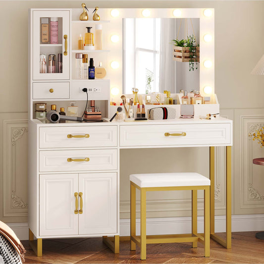 Hauoms Vanity White / Metal / Modern Glass Top Makeup Vanity Set White & Gold