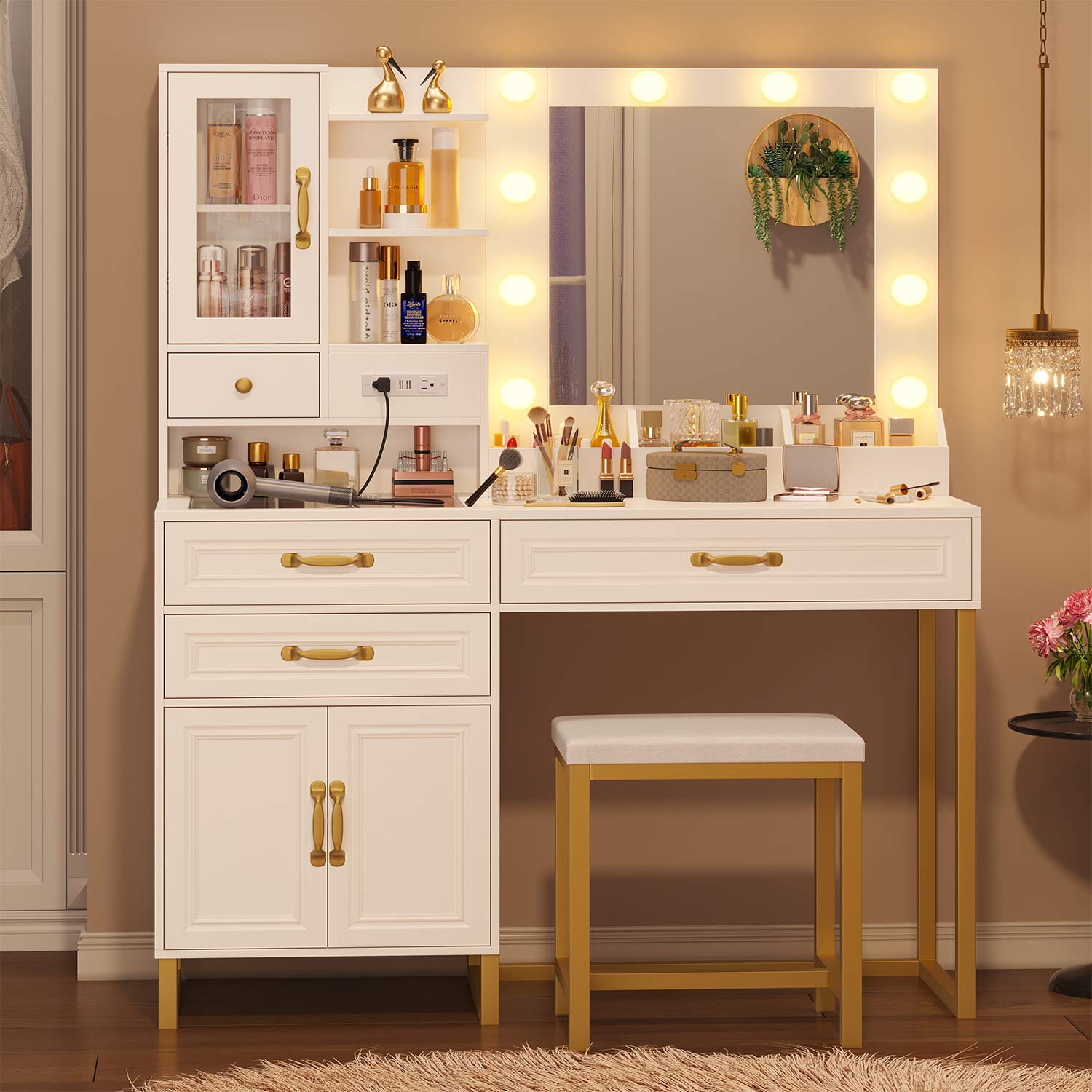Hauoms Vanity White / Metal / Modern Glass Top Makeup Vanity Set White & Gold