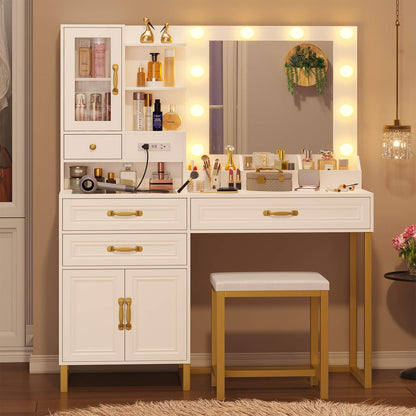 Hauoms Vanity White / Metal / Modern Glass Top Makeup Vanity Set White & Gold