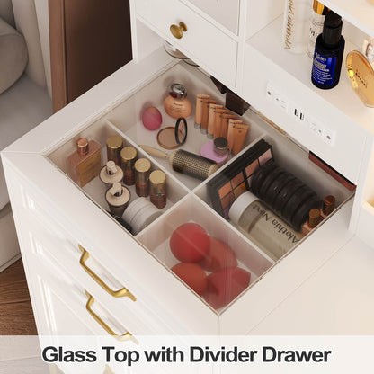 Hauoms Vanity White / Metal / Modern Glass Top Makeup Vanity Set White & Gold