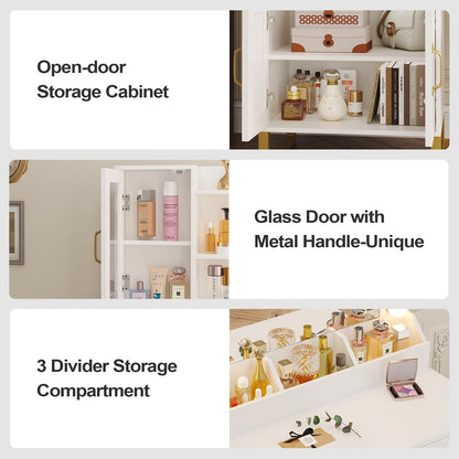 Hauoms Vanity White / Metal / Modern Glass Top Makeup Vanity Set White & Gold
