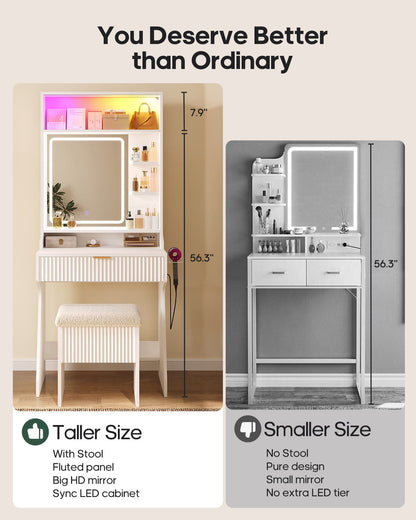 HAUOMS Vanity White Small Vanity Desk with Mirror and Lights White