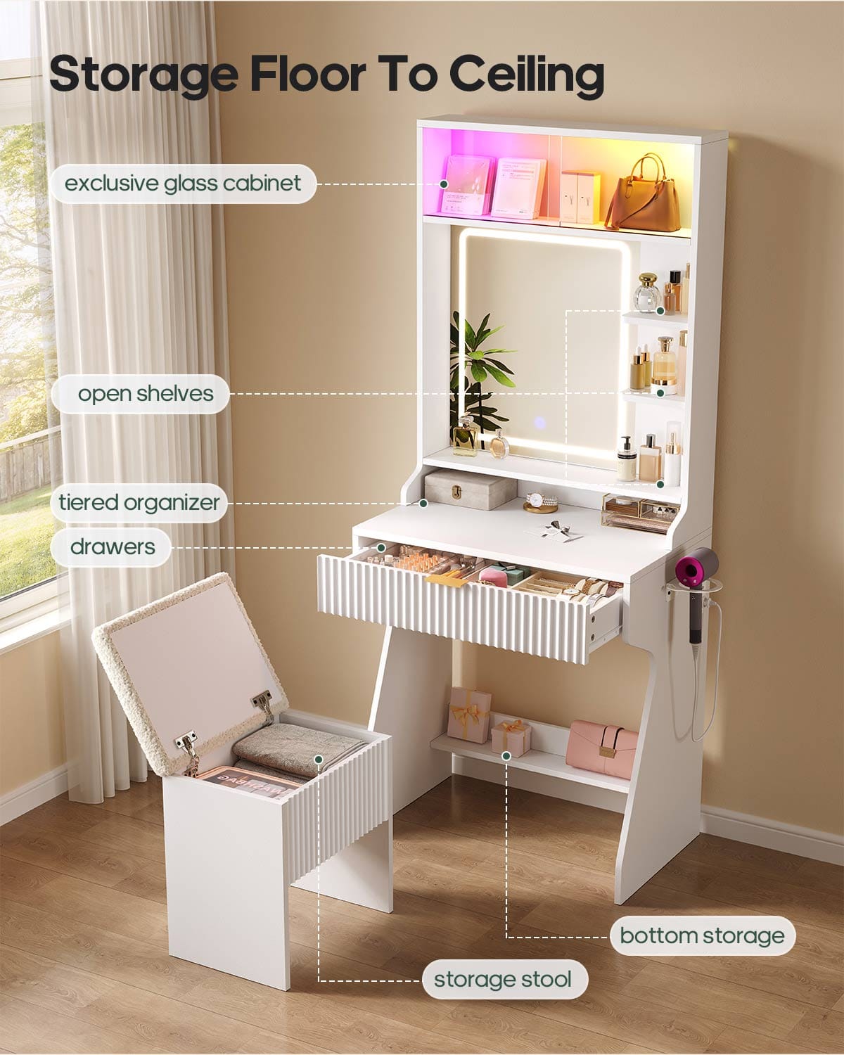 HAUOMS Vanity White Small Vanity Desk with Mirror and Lights White