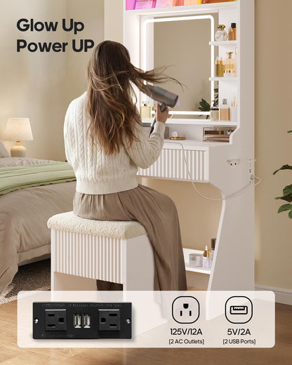 HAUOMS Vanity White Small Vanity Desk with Mirror and Lights White