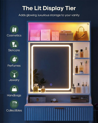 HAUOMS Vanity White Small Vanity Desk with Mirror and Lights White