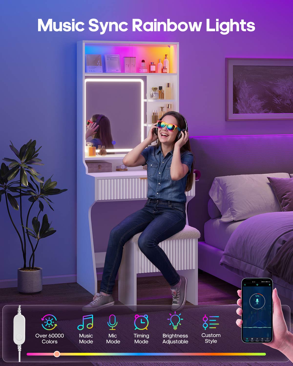 HAUOMS Vanity White Small Vanity Desk with Mirror and Lights White