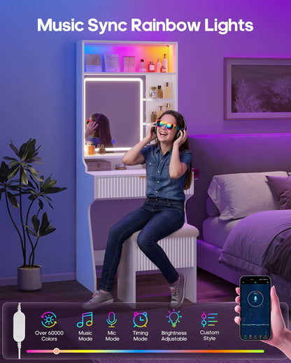 HAUOMS Vanity White Small Vanity Desk with Mirror and Lights White