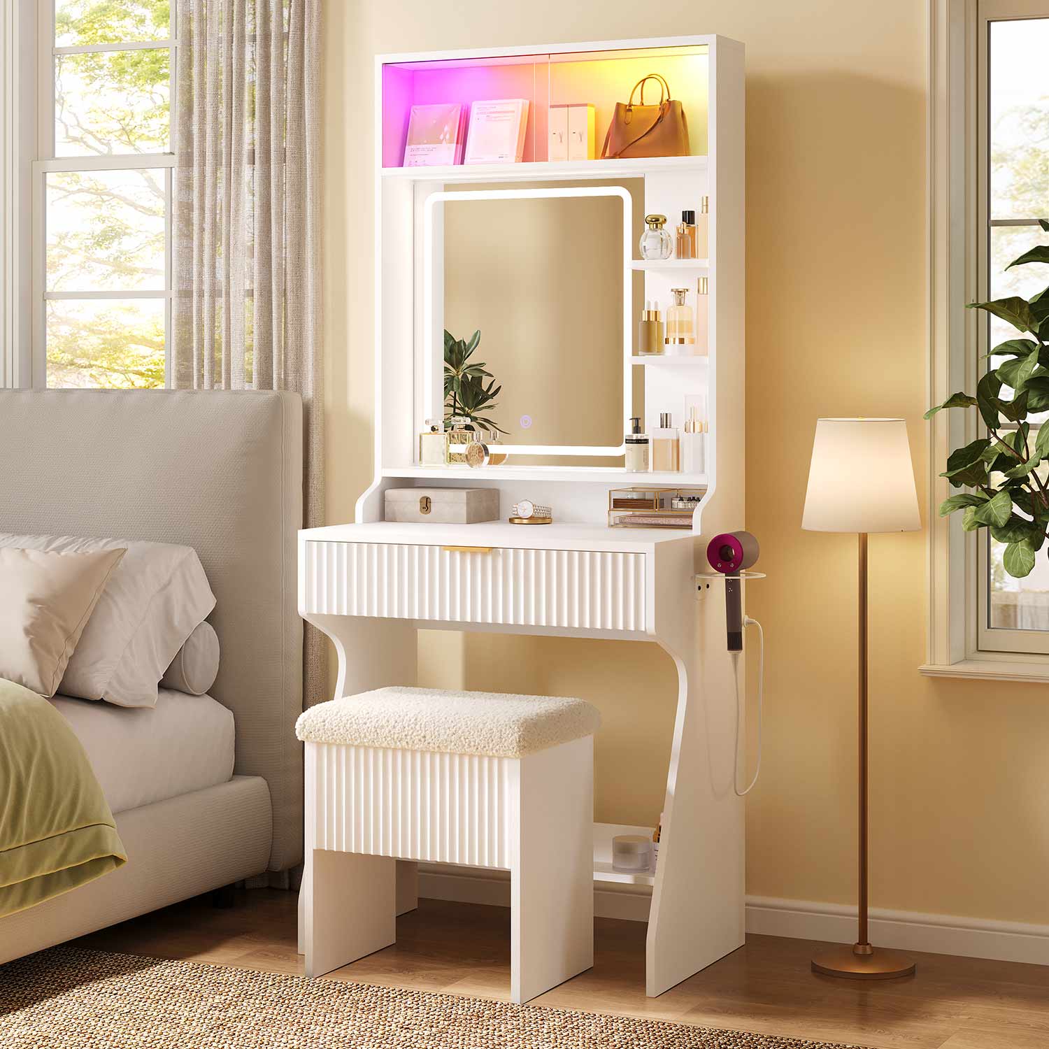 HAUOMS Vanity White Small Vanity Desk with Mirror and Lights White