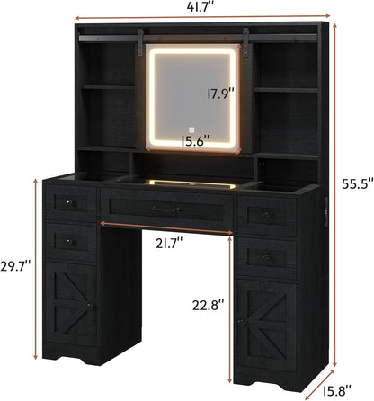 HAUOMS Vanity Wood-Grain Black Farmhouse Vanity Desk Wood-Grain Black