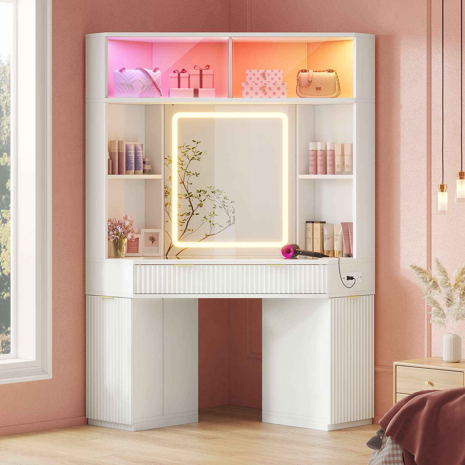 HAUOMS White HAUOMS 67" Corner Vanity Desk with 6-Tier Huge Storage Large Makeup Vanity with LED Mirror and Power Hub