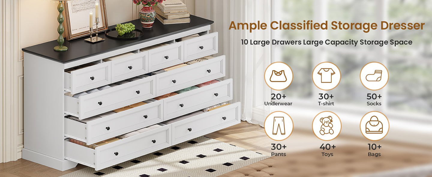 HAUOMS 55.1 inch wide Dresser With 10 Storage Drawers for Bedroom and